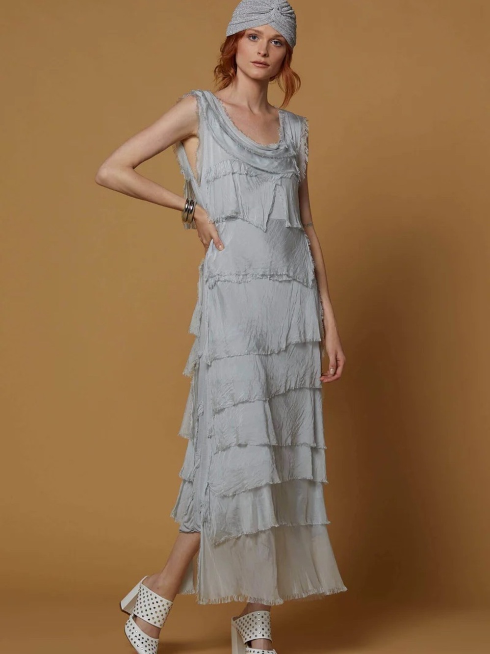 Scandal Italy Silk Tiered Sleeveless Maxi Fut Teal Dress